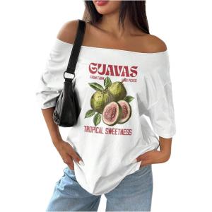 image:imageSOLY HUX Womens Graphic Tees Off The Shoulder Short Sleeve Oversized T Shirt Vintage Summer TopsWhite Letter
