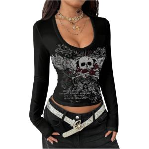 image:imageSOLY HUX Womens Graphic Tees Y2k Gothic T Shirt V Neck Long Sleeve Fitted Vintage Streetwear Going Out TopsBlack Skull