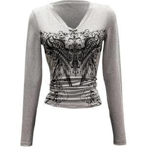 image:imageSOLY HUX Womens Graphic Tees Y2k Gothic T Shirt V Neck Long Sleeve Fitted Vintage Streetwear Going Out TopsLight Grey Graphic