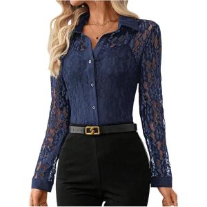 image:imageSOLY HUX Womens Lace Sheer Button Down Blouse Long Sleeve Collared Shirts Old Money OutfitsDark Blue