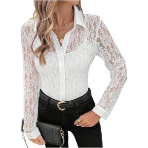 image:imageSOLY HUX Womens Lace Sheer Button Down Blouse Long Sleeve Collared Shirts Old Money OutfitsPure White