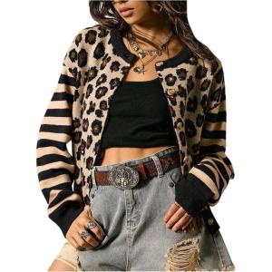 image:imageSOLY HUX Womens Leopard Cardigan Sweater Y2k Striped Button Down Long Sleeve Crewneck Colorblock Trendy TopsBlack Leopard
