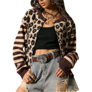 image:imageSOLY HUX Womens Leopard Cardigan Sweater Y2k Striped Button Down Long Sleeve Crewneck Colorblock Trendy TopsCoffee Brown Leopard