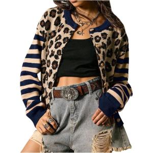 image:imageSOLY HUX Womens Leopard Cardigan Sweater Y2k Striped Button Down Long Sleeve Crewneck Colorblock Trendy TopsDark Blue Leopard