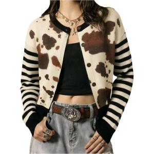 image:imageSOLY HUX Womens Leopard Cardigan Sweater Y2k Striped Button Down Long Sleeve Crewneck Colorblock Trendy TopsMulticolor Cow