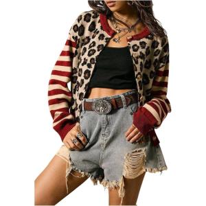 image:imageSOLY HUX Womens Leopard Cardigan Sweater Y2k Striped Button Down Long Sleeve Crewneck Colorblock Trendy TopsMulticoloured Leopard