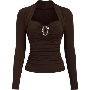 image:imageSOLY HUX Womens Long Sleeve Metal Decor Button Trendy Going Out Top Sweetheart Neck Slim Elegant T Shirts ChristmasCoffee Brown