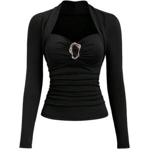 image:imageSOLY HUX Womens Long Sleeve Metal Decor Button Trendy Going Out Top Sweetheart Neck Slim Elegant T Shirts ChristmasPure Black