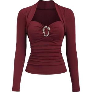 image:imageSOLY HUX Womens Long Sleeve Metal Decor Button Trendy Going Out Top Sweetheart Neck Slim Elegant T Shirts ChristmasPure Burgundy