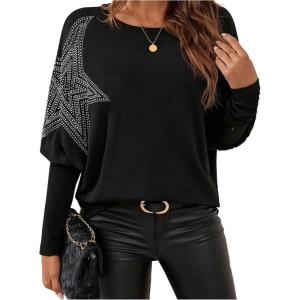 image:imageSOLY HUX Womens Long Sleeve Rhinestone Tops Crew Neck Casual T Shirt Spring Fall ClothesPure Black