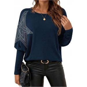 image:imageSOLY HUX Womens Long Sleeve Rhinestone Tops Crew Neck Casual T Shirt Spring Fall ClothesPure Blue