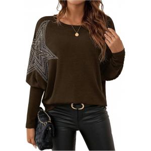 image:imageSOLY HUX Womens Long Sleeve Rhinestone Tops Crew Neck Casual T Shirt Spring Fall ClothesPure Brown