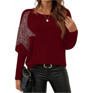 image:imageSOLY HUX Womens Long Sleeve Rhinestone Tops Crew Neck Casual T Shirt Spring Fall ClothesPure Burgundy
