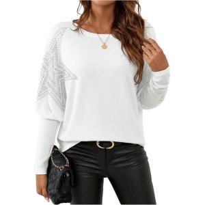 image:imageSOLY HUX Womens Long Sleeve Rhinestone Tops Crew Neck Casual T Shirt Spring Fall ClothesPure White