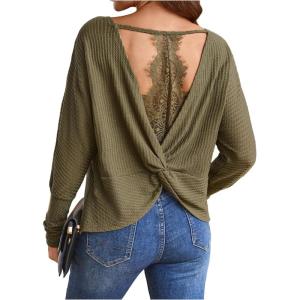 image:imageSOLY HUX Womens Long Sleeve Shirts Lace Open Back TShirt Casual Textured Waffle Knit Tee TopsArmy Green