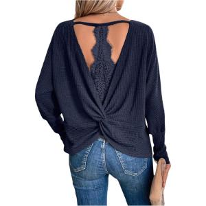 image:imageSOLY HUX Womens Long Sleeve Shirts Lace Open Back TShirt Casual Textured Waffle Knit Tee TopsDark Blue