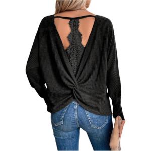 image:imageSOLY HUX Womens Long Sleeve Shirts Lace Open Back TShirt Casual Textured Waffle Knit Tee TopsSolid Black