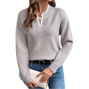 image:imageSOLY HUX Womens Long Sleeve Sweater Lace Trim Notched V Neck Knit Pullover Tops Casual Trendy SweatersPlain Coffee Brown