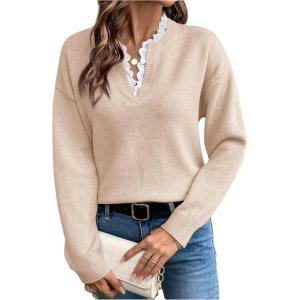 image:imageSOLY HUX Womens Long Sleeve Sweater Lace Trim Notched V Neck Knit Pullover Tops Casual Trendy SweatersPure Apricot