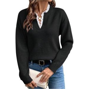 image:imageSOLY HUX Womens Long Sleeve Sweater Lace Trim Notched V Neck Knit Pullover Tops Casual Trendy SweatersPure Black