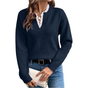 image:imageSOLY HUX Womens Long Sleeve Sweater Lace Trim Notched V Neck Knit Pullover Tops Casual Trendy SweatersPure Blue