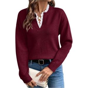 image:imageSOLY HUX Womens Long Sleeve Sweater Lace Trim Notched V Neck Knit Pullover Tops Casual Trendy SweatersPure Red