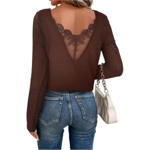 image:imageSOLY HUX Womens Long Sleeve T Shirts Lace Back Scoop Neck Tee Knitted Tops Fall ClothesPlain Brown