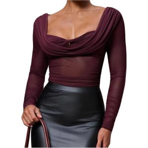 image:imageSOLY HUX Womens Mesh T Shirt Long Sleeve Sweetheart Neck Twist Draped Ruched Sheer Tee See Through Going Out TopsPure Burgundy