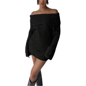 image:imageSOLY HUX Womens Off The Shoulder Mini Dress Long Sleeve Bodycon Knit Sweater DressesPure Black