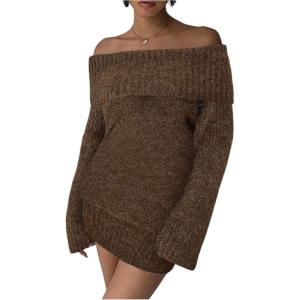 image:imageSOLY HUX Womens Off The Shoulder Mini Dress Long Sleeve Bodycon Knit Sweater DressesPure Brown