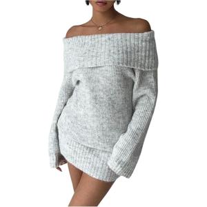 image:imageSOLY HUX Womens Off The Shoulder Mini Dress Long Sleeve Bodycon Knit Sweater DressesPure Grey