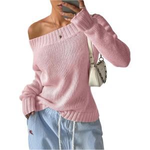 image:imageSOLY HUX Womens Off The Shoulder Sweater Boat Neck Knit Top Pullover Fall ClothesPlain Pink