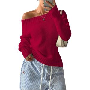 image:imageSOLY HUX Womens Off The Shoulder Sweater Boat Neck Knit Top Pullover Fall ClothesPlain Red