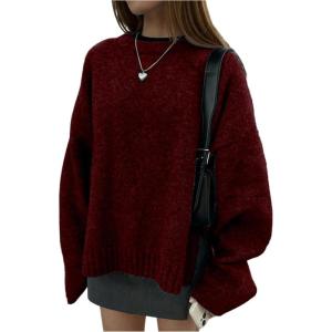 image:imageSOLY HUX Womens Oversized Sweater Long Sleeve Crew Neck Drop Shoulder Split Knit Chunky Pullover Fall Jumper TopsPure Burgundy