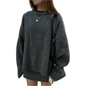 image:imageSOLY HUX Womens Oversized Sweater Long Sleeve Crew Neck Drop Shoulder Split Knit Chunky Pullover Fall Jumper TopsPure Dark Grey