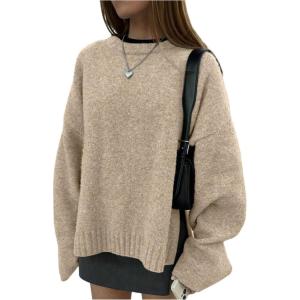 image:imageSOLY HUX Womens Oversized Sweater Long Sleeve Crew Neck Drop Shoulder Split Knit Chunky Pullover Fall Jumper TopsPure Khaki