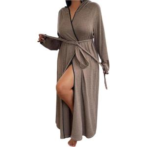image:imageSOLY HUX Womens Plus Size Hooded Robes Long Sleeve Belted Long Kimono Bathrobe LoungewearPure Coffee Brown