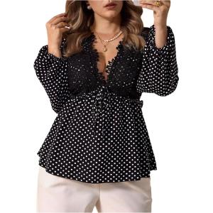 image:imageSOLY HUX Womens Plus Size Lace Blouse Deep V Neck Lantern Long Sleeve Peplum Ruffle Hem Flowy Tops ShirtsMulticolor Polka Dots