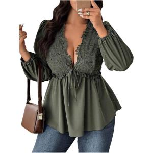 image:imageSOLY HUX Womens Plus Size Lace Blouse Deep V Neck Lantern Long Sleeve Peplum Ruffle Hem Flowy Tops ShirtsPure Army Green