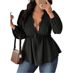 image:imageSOLY HUX Womens Plus Size Lace Blouse Deep V Neck Lantern Long Sleeve Peplum Ruffle Hem Flowy Tops ShirtsPure Black