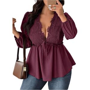 image:imageSOLY HUX Womens Plus Size Lace Blouse Deep V Neck Lantern Long Sleeve Peplum Ruffle Hem Flowy Tops ShirtsPure Burgundy