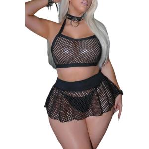 image:imageSOLY HUX Womens Plus Size Sexy Fishnet Mesh Lingerie Set Hollow Out Halter Bra and Thong Panty Sets with SkirtsPlain Black