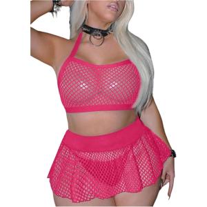 image:imageSOLY HUX Womens Plus Size Sexy Fishnet Mesh Lingerie Set Hollow Out Halter Bra and Thong Panty Sets with SkirtsPure Hotpink