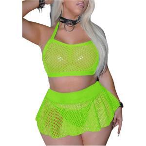 image:imageSOLY HUX Womens Plus Size Sexy Fishnet Mesh Lingerie Set Hollow Out Halter Bra and Thong Panty Sets with SkirtsPure Yellow
