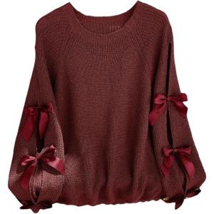 image:imageSOLY HUX Womens Plus Size Sweaters Pullover Bowknot Long Sleeve Crew Neck Knit Fall TopsPlain Burgundy