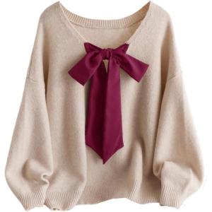 image:imageSOLY HUX Womens Plus Size Sweaters Pullover Bowknot V Neck Long Sleeve Knit Tops Fall ClothesApricot Bow