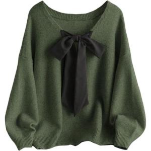 image:imageSOLY HUX Womens Plus Size Sweaters Pullover Bowknot V Neck Long Sleeve Knit Tops Fall ClothesArmy Green