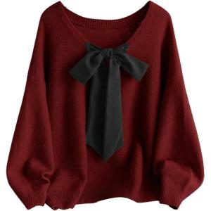 image:imageSOLY HUX Womens Plus Size Sweaters Pullover Bowknot V Neck Long Sleeve Knit Tops Fall ClothesBurgundy