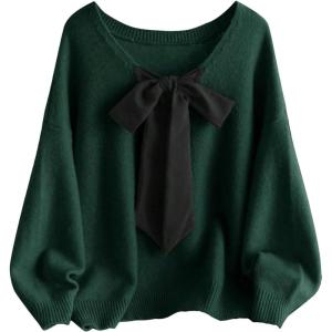 image:imageSOLY HUX Womens Plus Size Sweaters Pullover Bowknot V Neck Long Sleeve Knit Tops Fall ClothesDark Green