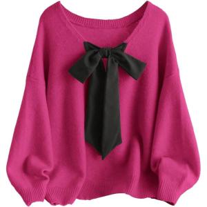 image:imageSOLY HUX Womens Plus Size Sweaters Pullover Bowknot V Neck Long Sleeve Knit Tops Fall ClothesHot Pink